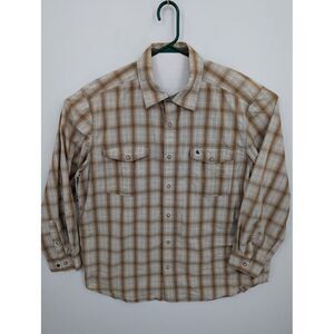 Carhartt Pearl Snap Up Shirt Men's XL Beige Plaid Long Sleeve Relaxed Fit, GREAT